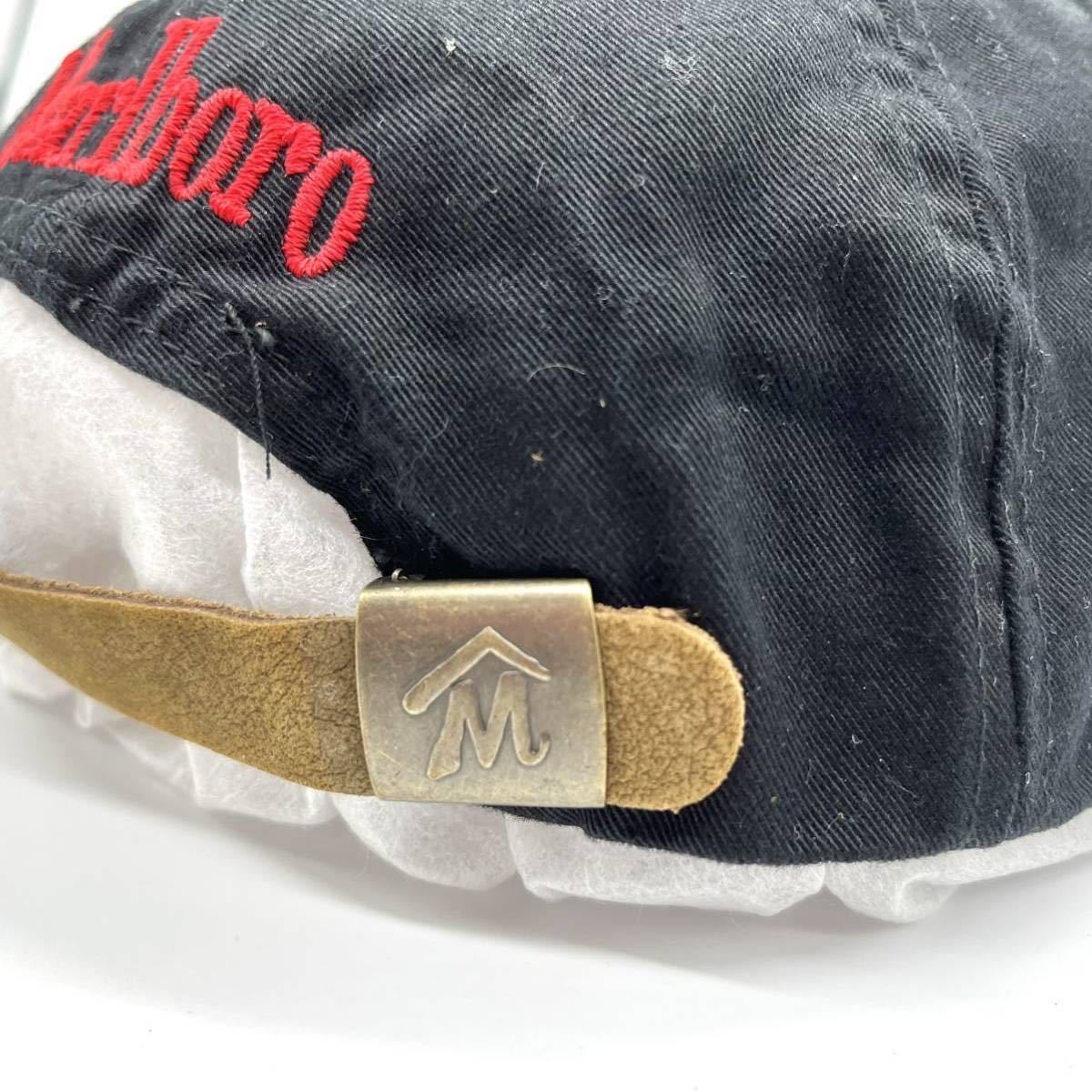 【デッドストック】90s MARLBORO(マルボロ) 刺繍ロゴキャップ 黒 レザーベルトバック 企業ロゴ タバコ オフィシャル当時物 ビンテージ 帽子_画像5