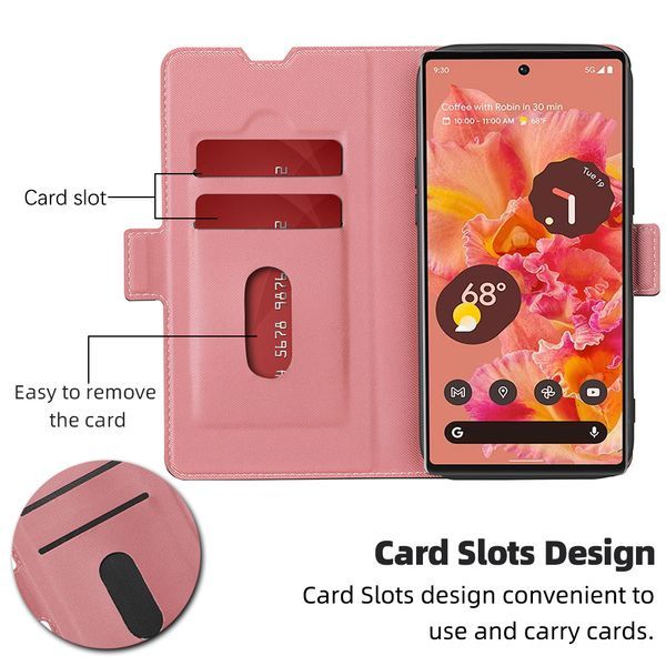 Google Pixel 6A 用 スマホケース 新品 手帳型 レザー ピクセル マグネット 磁気 カード収納 携帯 ケース TPU 無地 ピンクの画像2