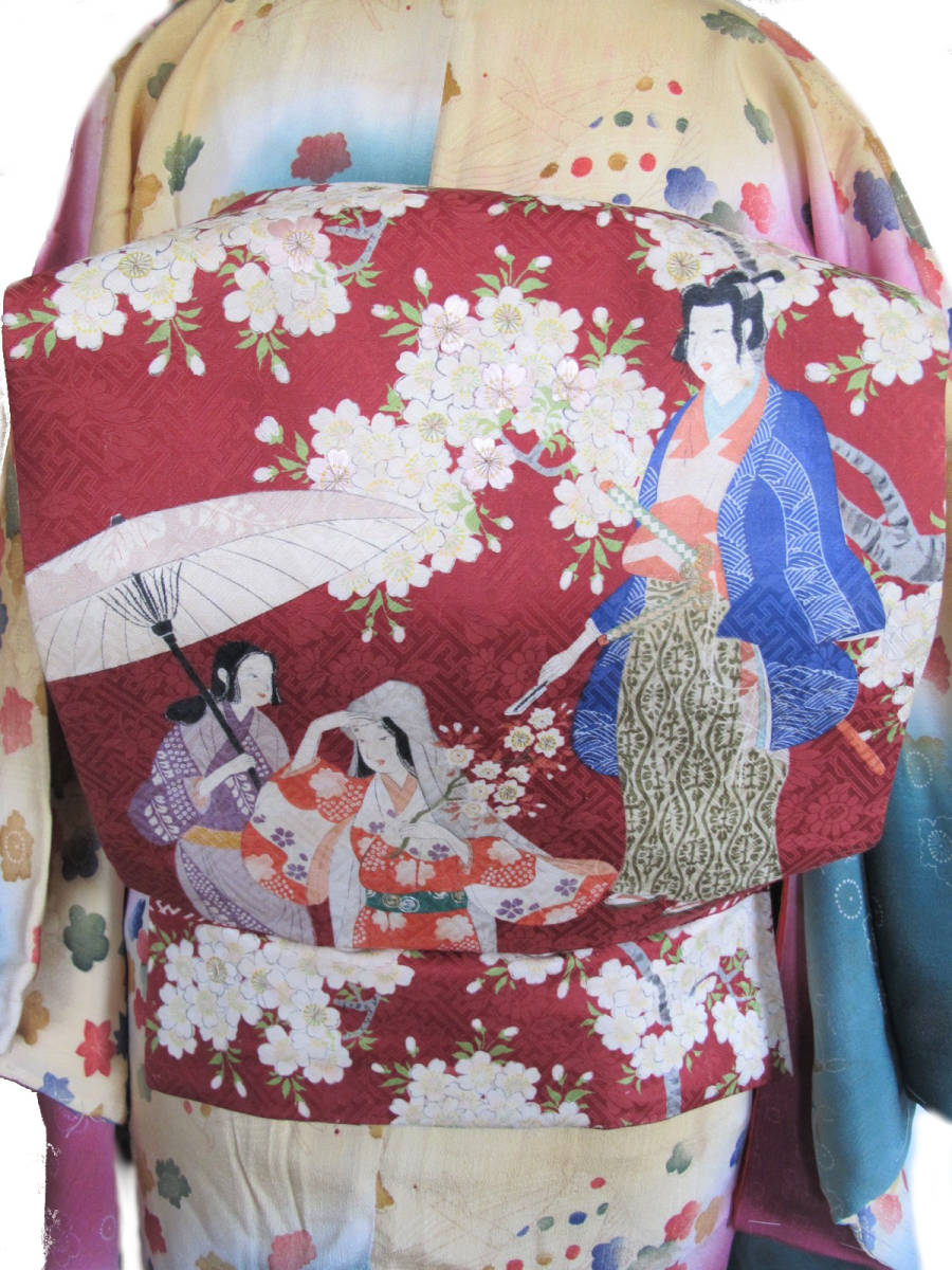 桜若衆に女性　時代人物　刺繍　開き名古屋帯