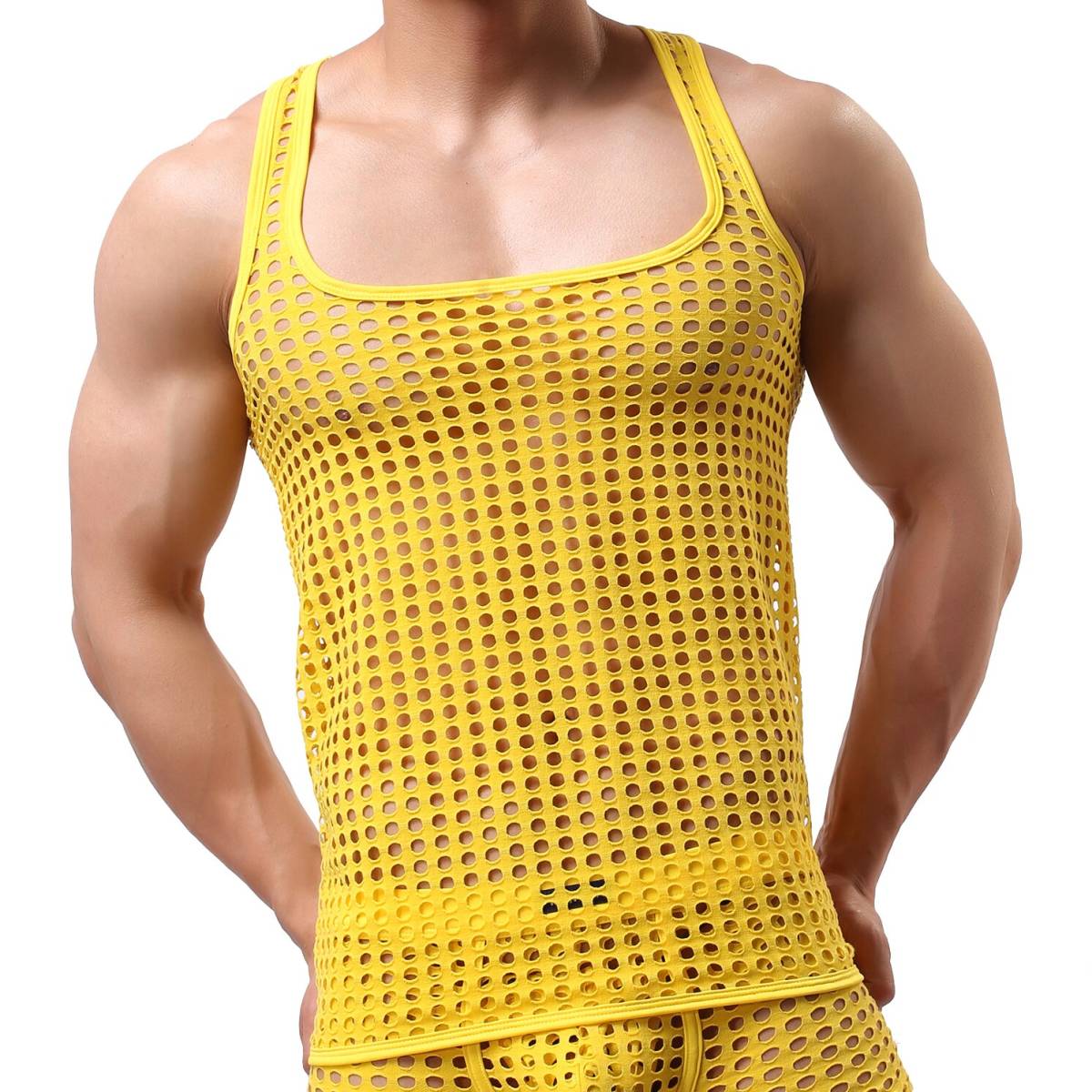 8種類の中から選べる メンズ セクシー メッシュ シースルー シャツ 衣装 Tシャツ タンクトップ 薄手 トップス ノースリーブ S-XL：po154_B(yellow)