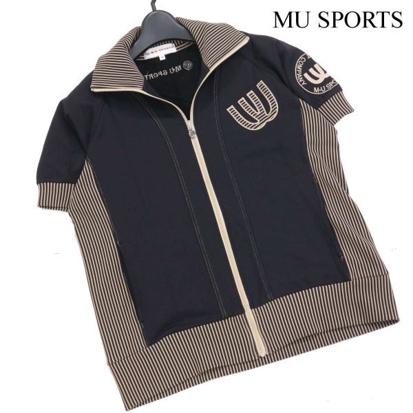 MU SPORTS ミエコウエサコ 春夏 ストライプ切替♪ ストレッチ 半袖 トラック ジャケット Sz.42　レディース 黒 ゴルフ　D3T01127_6#M_画像1