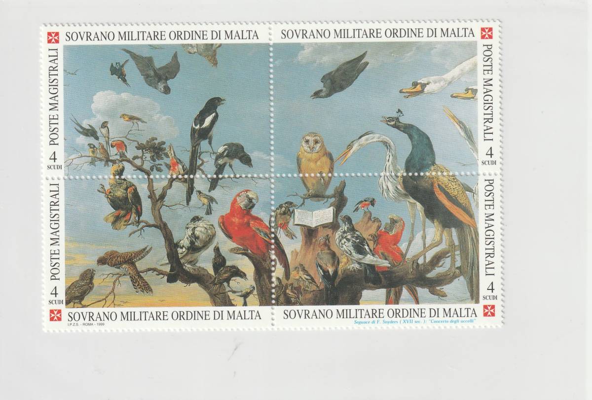 外国切手・ふくろうなどの鳥の切手）マルタ騎士団発行 4種田型連刷 未