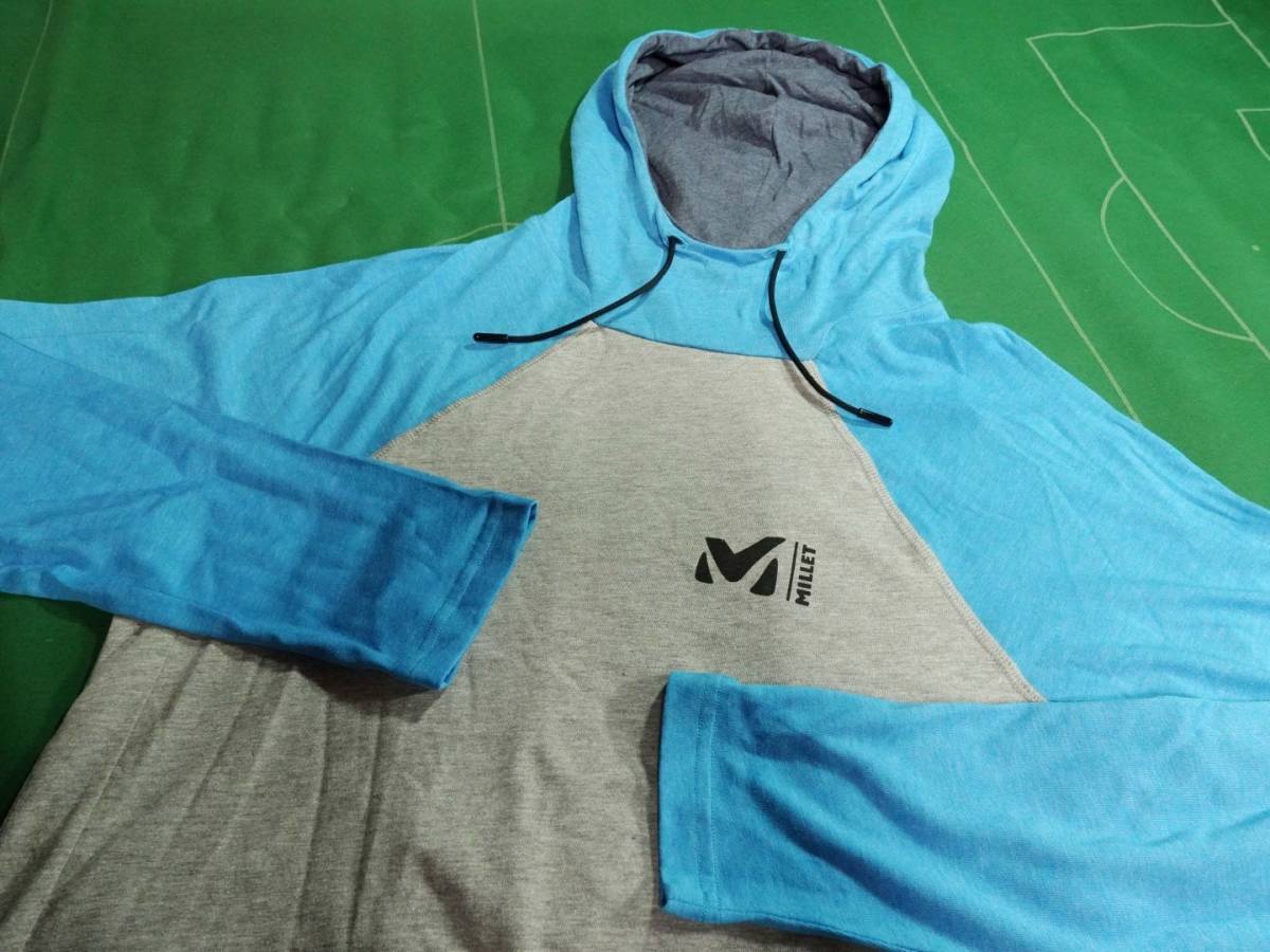 ▲MILLET オーガニックコットン素材 クライミング向け レッド ウォール ライト フーディー MEN'S ブルー/Lグレー JP-M 未使用・タグ付!!!▲_画像1