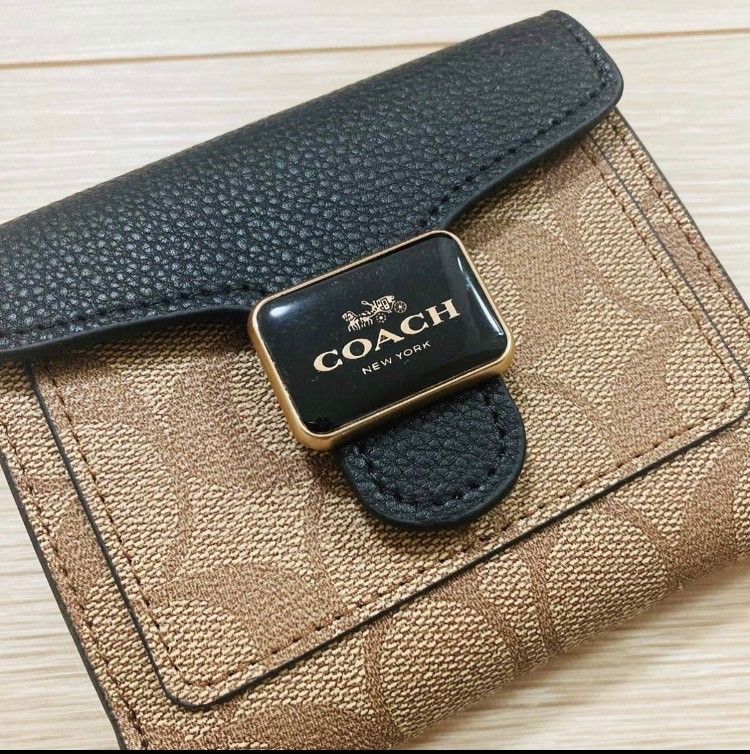 【新品・未使用】 COACH 折財布 シグネチャー　ブラック　カーキ　　ペッパースモールウォレット
