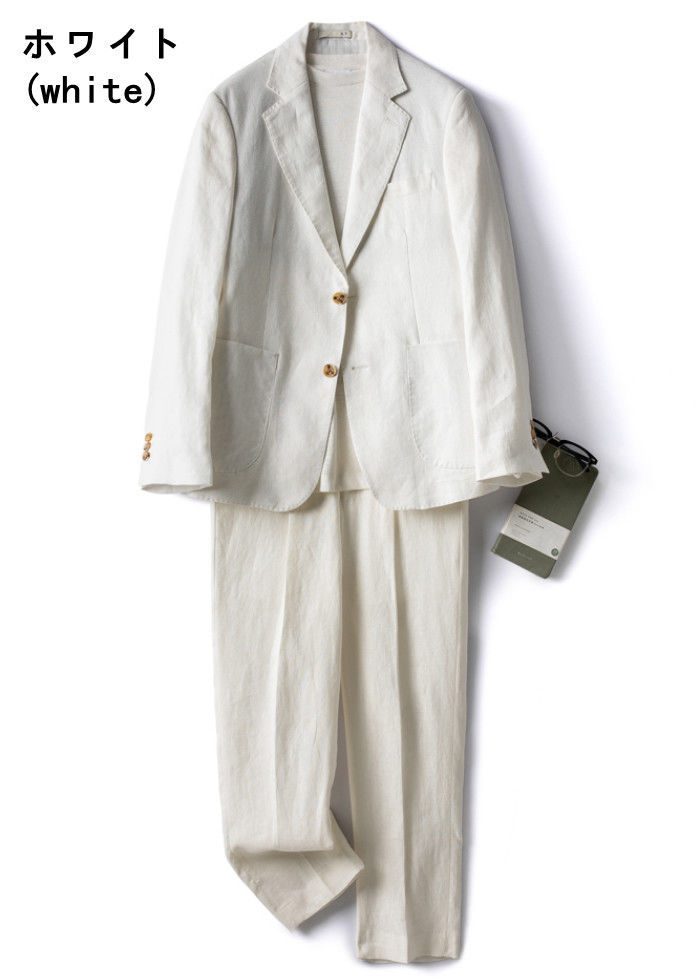 【在庫処理】綿麻素材 スーツセットアップ 2ピーススーツ 長袖 テーラードジャケット スラックス 紳士服 ty-4414 ホワイト L