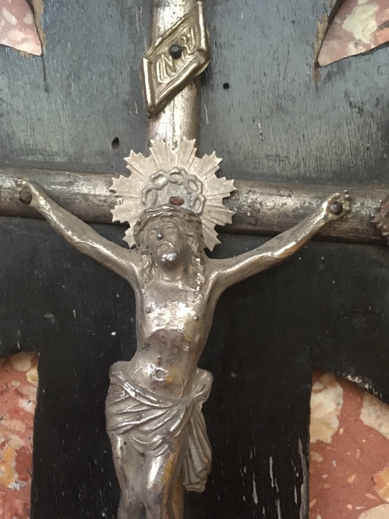 1000　イタリアアンティーク　木製　十字架　キリスト　INRI教会 聖水入れ　壁掛け用　激レア_画像10