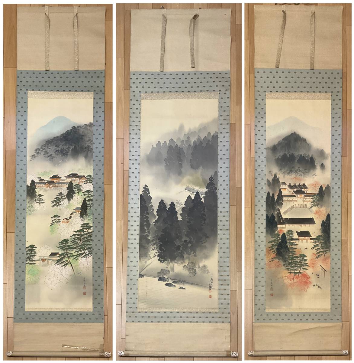 真作】岸本圭逸 三幅対 共箱付 絹本 南画 日本画家 淡彩山水 肉筆 朱印