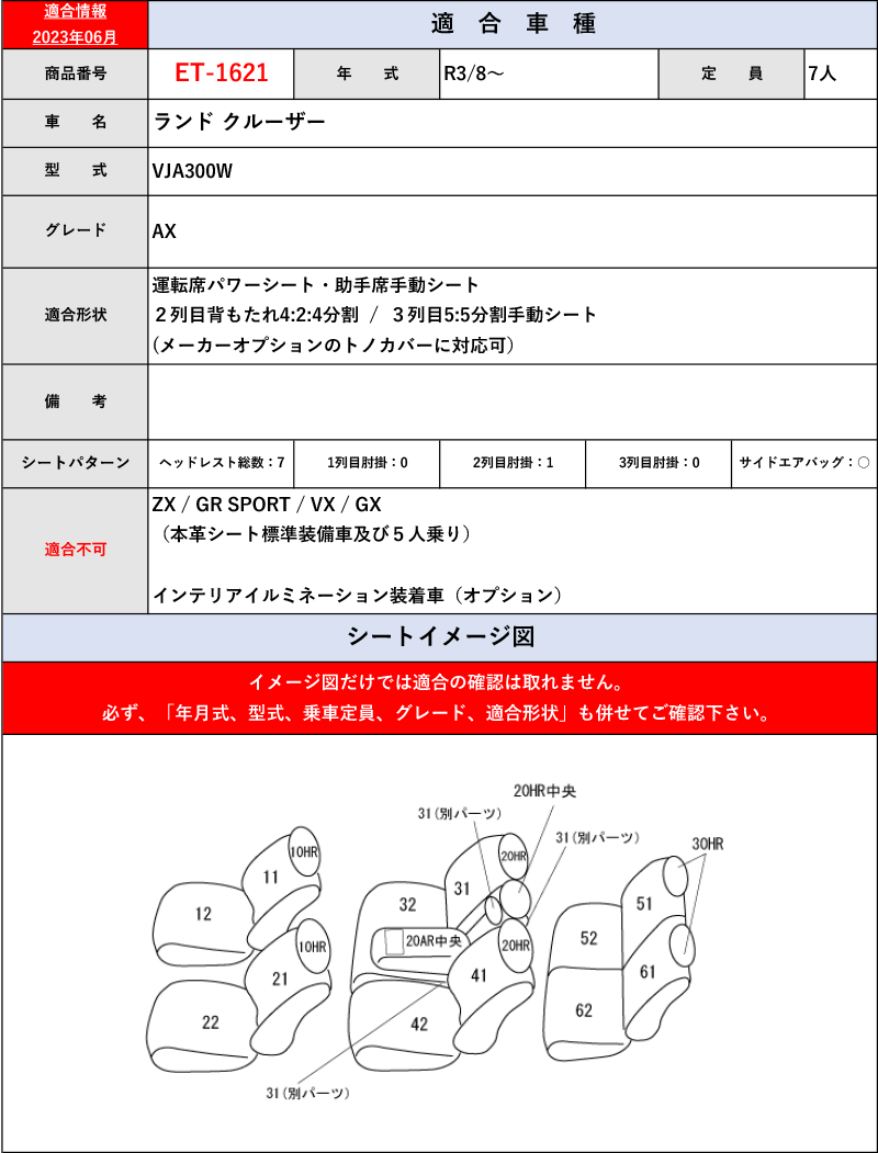 [クラッツィオ×プライム]VJA300W ランクル300_7人乗り(グレードAX_R3/8～)用シートカバー[ET-1621][Clazzio]_画像4