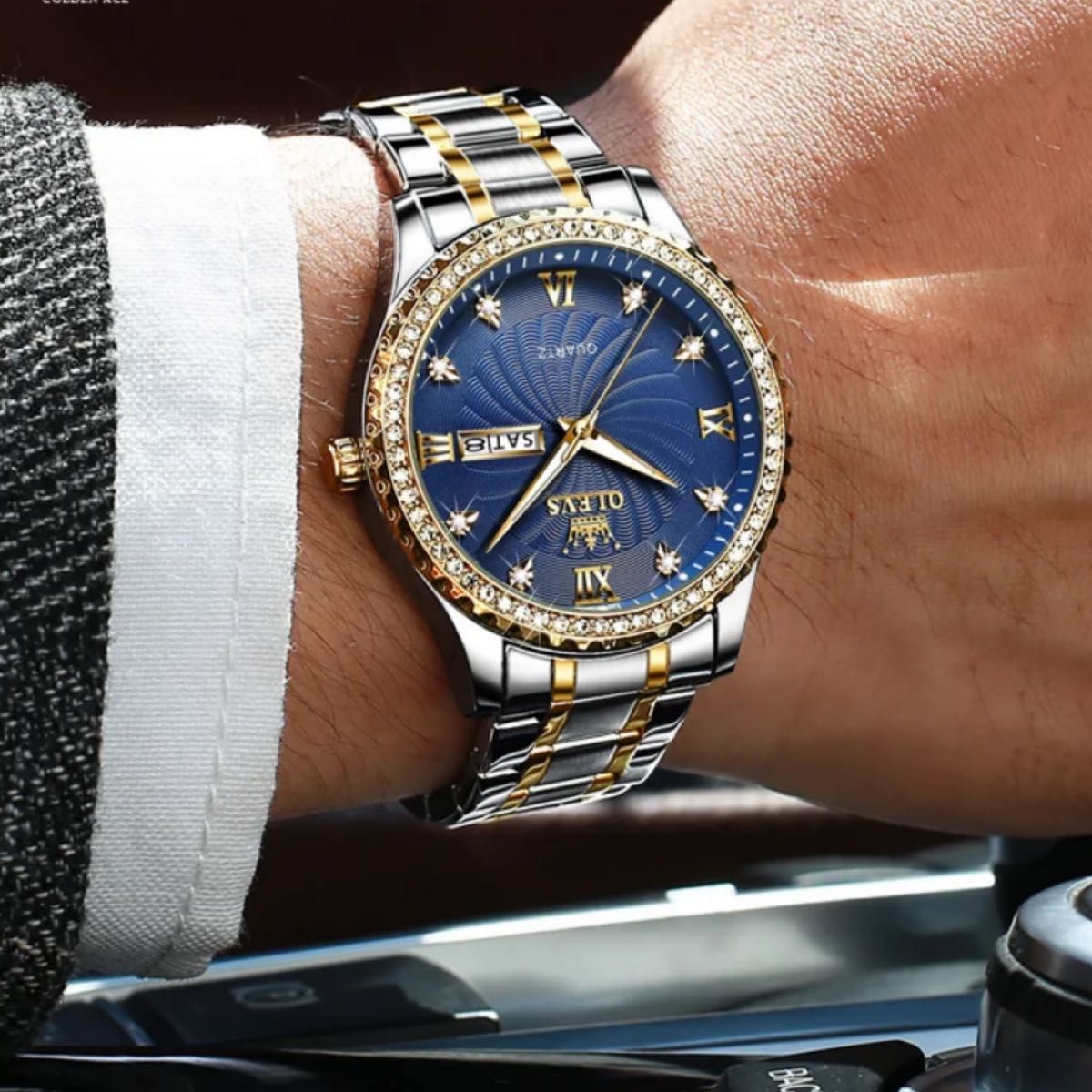メンズクォーツ腕時計,光沢のあるダイヤモンド,ワイヤーダイヤル,オリジナル,耐水性,発光,ファッショナブル