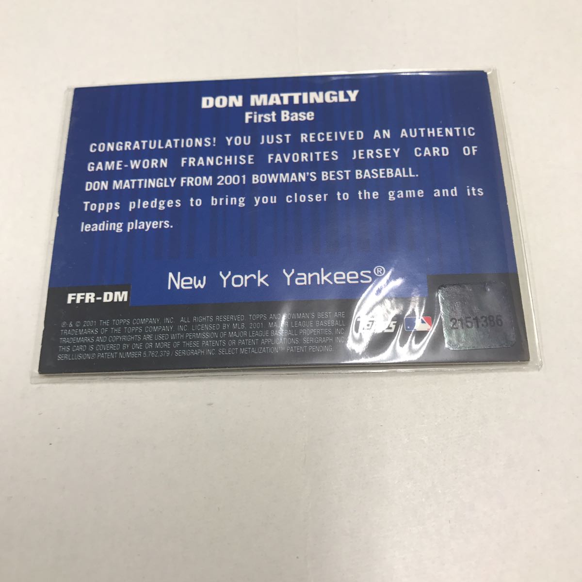 Don Mattingly 2001 Bowman's Best Franchise Favorite s Relics Jersey_画像2