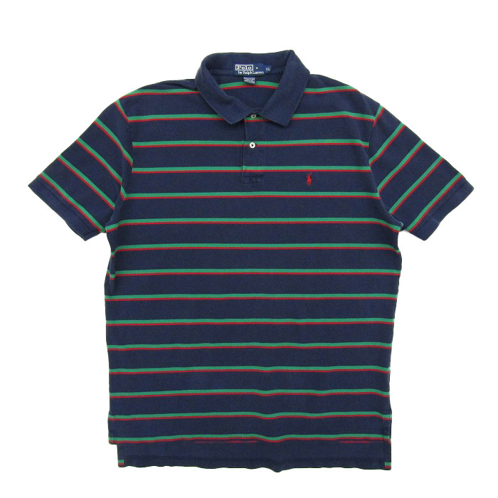 古着 ラルフローレン Polo Ralph Lauren ポロシャツ ボーダー ワンポイント ネイビーベース サイズ表記：XL　gd78848_画像1