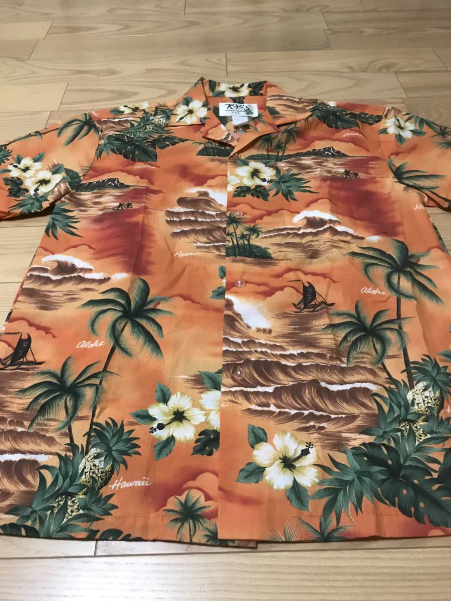 良品 KY'S ケイズ HAWAII ハワイ USA製 風景画&波&ヤシの木 総柄 アロハシャツ サイズ大きめS ／薄オレンジ 朱色 夕焼け色_画像2