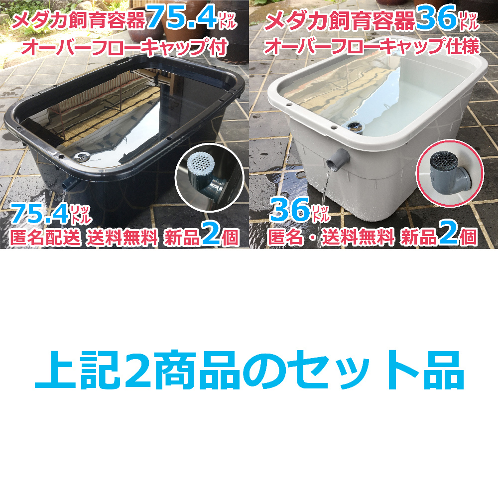 メダカ飼育容器【75㍑黒x2個・36㍑グレーx2個のセット（全てオーバーフロー加工＆キャップ付）】メダカ飼育ケース 水草【五色アクア】