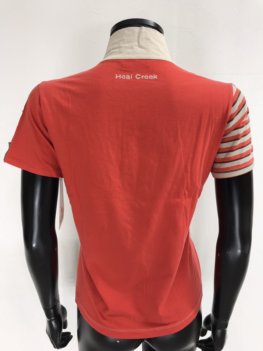 【USED】Heal Creek ヒールクリーク 綿 ハイネック 半袖 シャツ 袖調節可 ベージュ系 レッド 赤 レディース 40 M ゴルフウェア_画像3