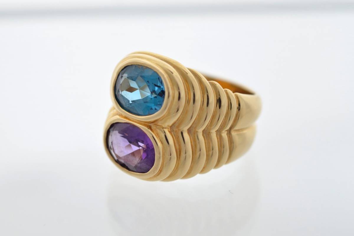 [Редко] Bvlgari ★ 750yg ★ k18yg ★ Doppio Bachelert Ring ★ Amethyst ★ Blue Pars ★ Желтое золото