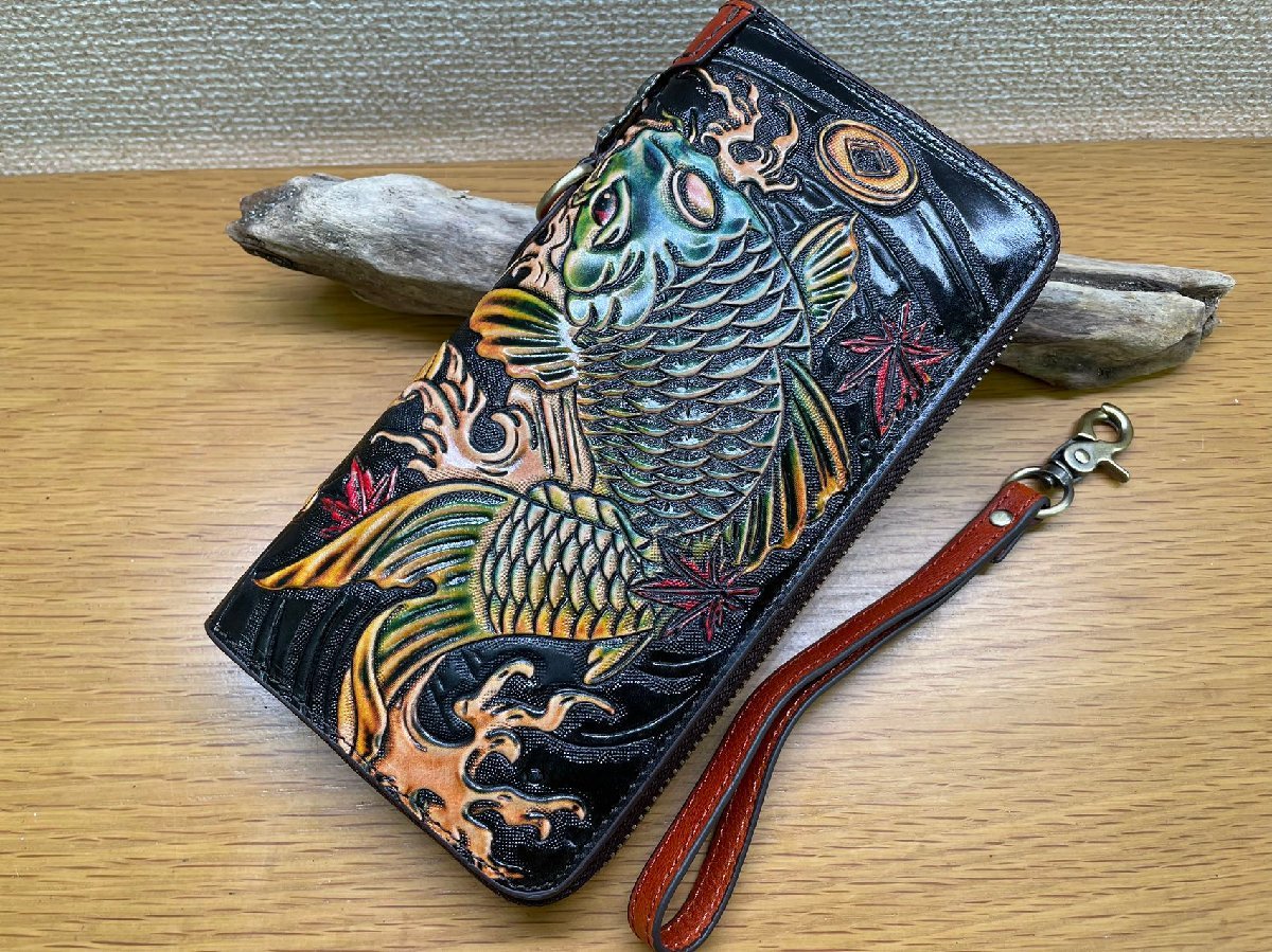 1円 新品 錦鯉 イタリアン 本革 長財布 牛革型押し ウォレット 牛ヌメ