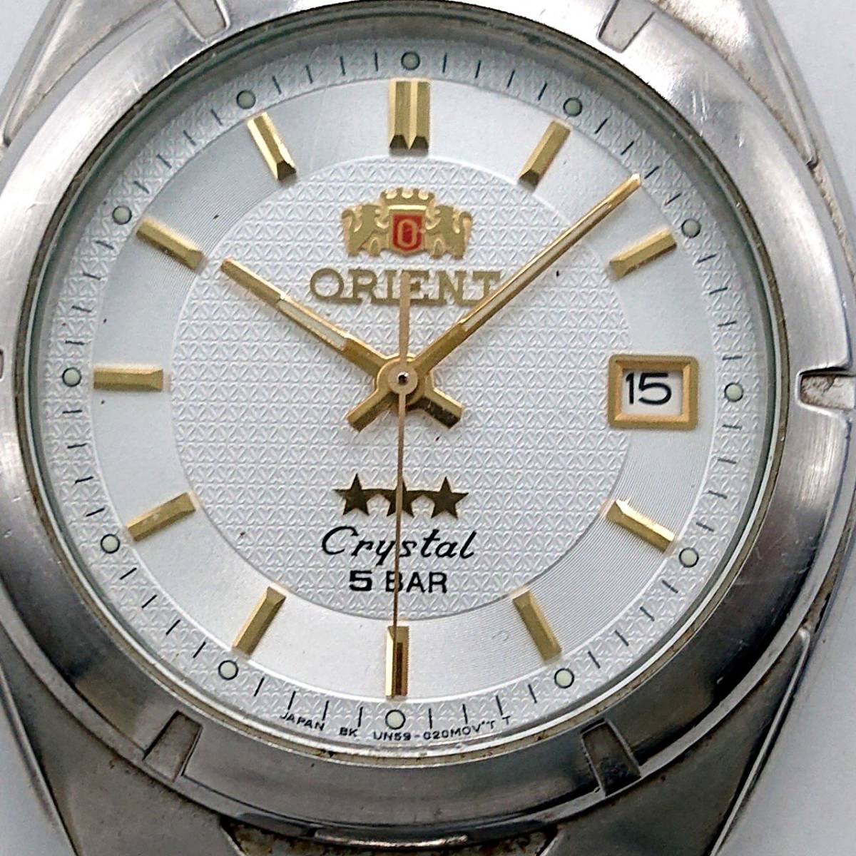 【電池切れ】ORIENT オリエント スリースター クリスタル Crystal クォーツ 腕時計 シルバー文字盤 コンビ ボーイズサイズ UN59-C1
