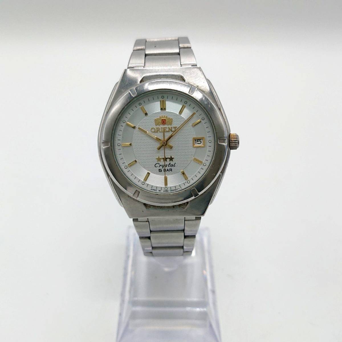 【電池切れ】ORIENT オリエント スリースター クリスタル Crystal クォーツ 腕時計 シルバー文字盤 コンビ ボーイズサイズ UN59-C1