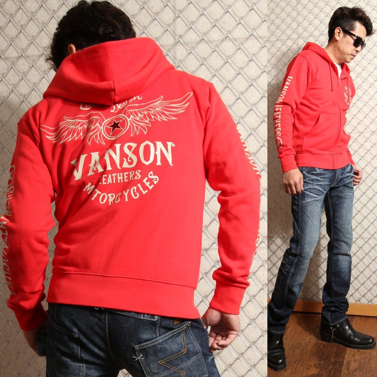 当店別注!VANSON バンソン 定番ウィング フルジップパーカー ACVA-904 レッド【XXLサイズ】スタンダードサイズ バンソン バイカー_画像1