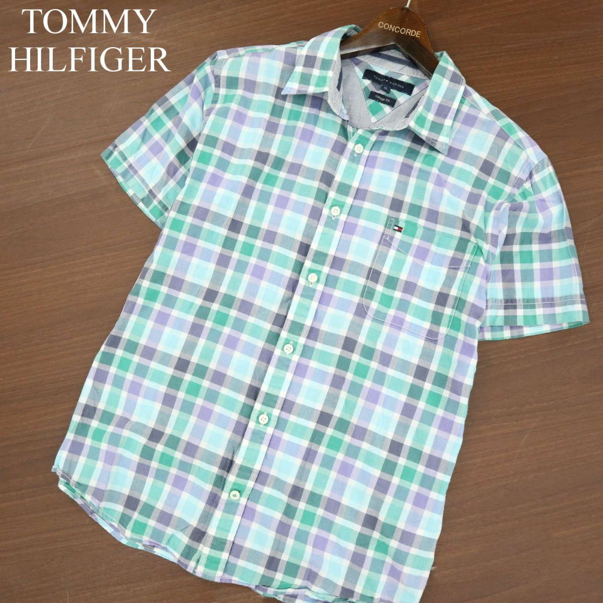 TOMMY HILFIGER トミーヒルフィガー Vintage Fit★ 春夏 半袖 チェック シャツ Sz.XL　メンズ 大きいサイズ　A3T07599_6#A_画像1