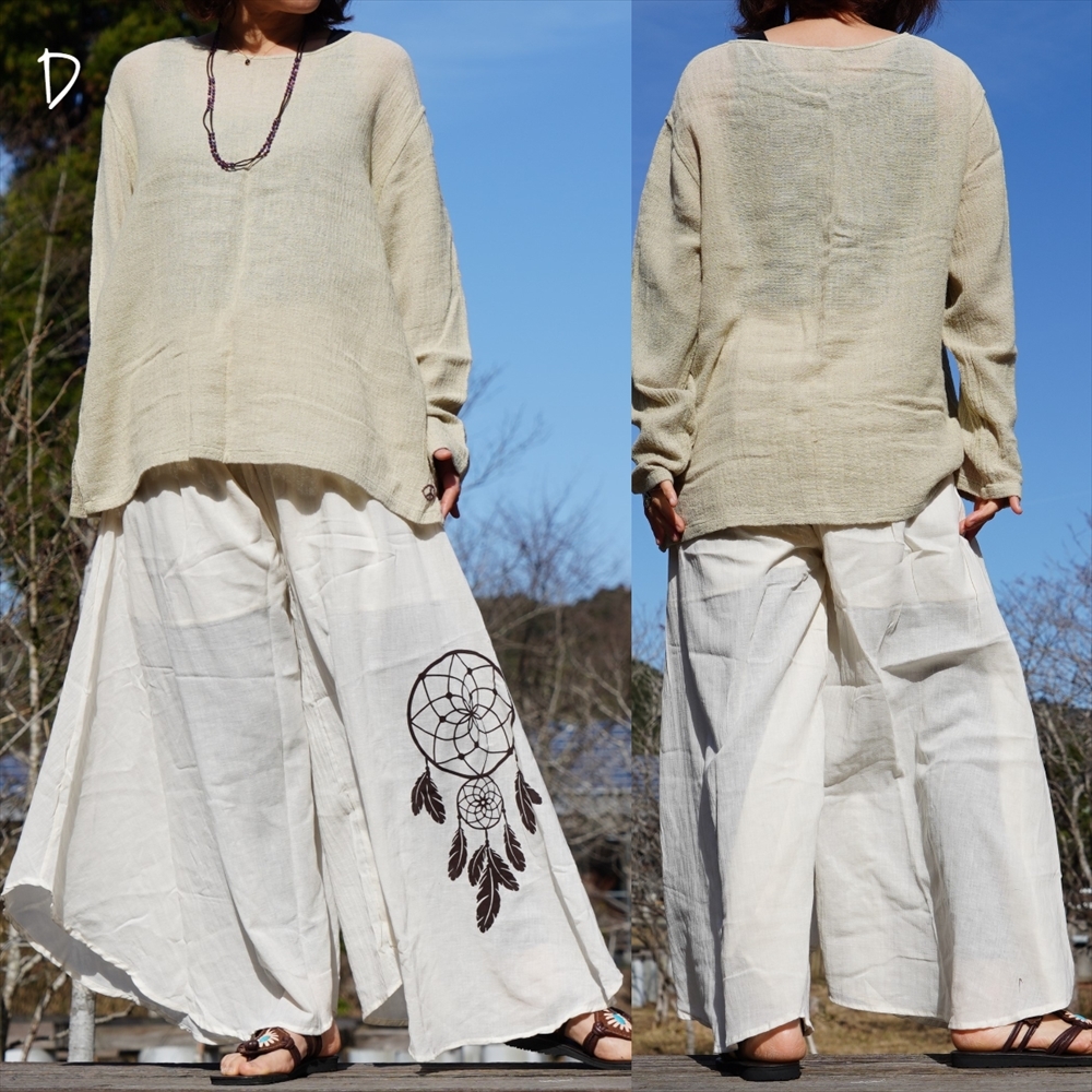* ethnic wide pants Dream catcher print including carriage * new goods unused D* Asian gauze cotton material monkey L gaucho 