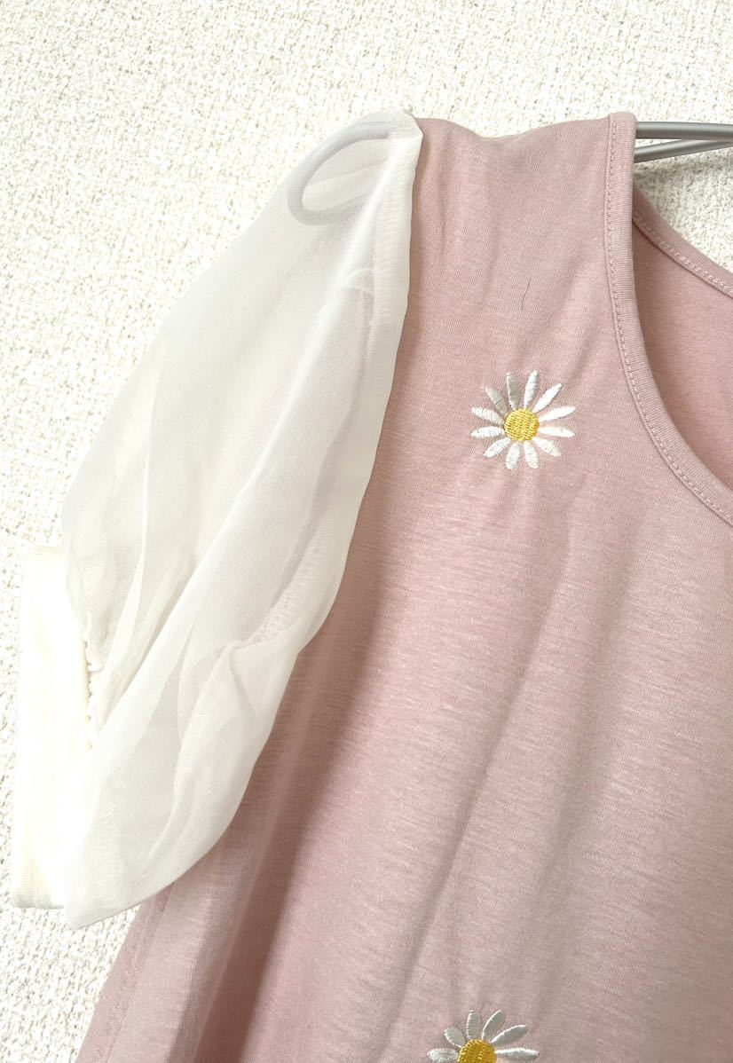 INGNI イング　お花の刺繍　マーガレット　半袖　カットソー　袖　チュール　Tシャツ ピンク