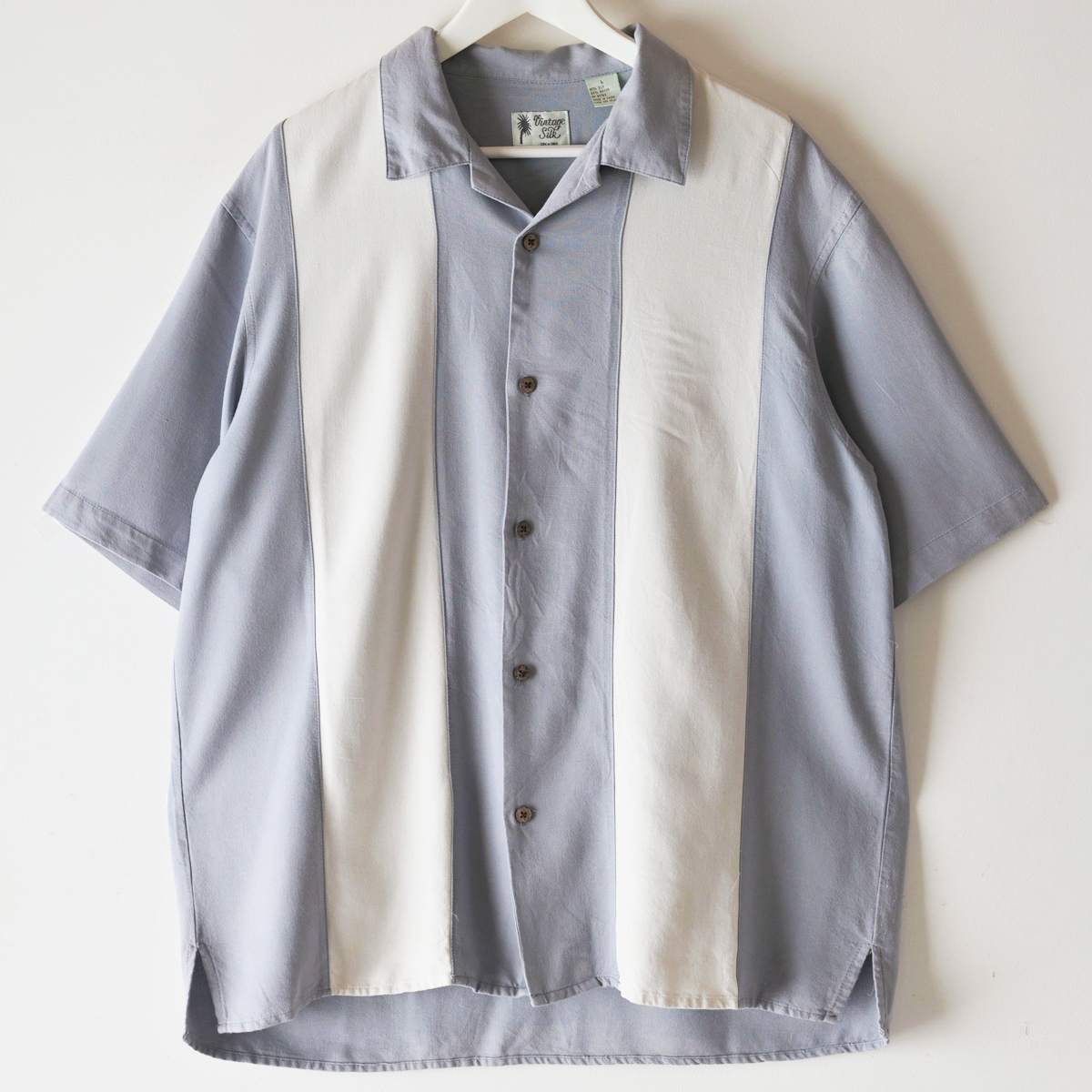 90s Vintage Silk オープンカラー 半袖 シルク シャツ バイカラー L / ヴィンテージ 50s 60s 復刻 アロハシャツ ボーリングシャツ