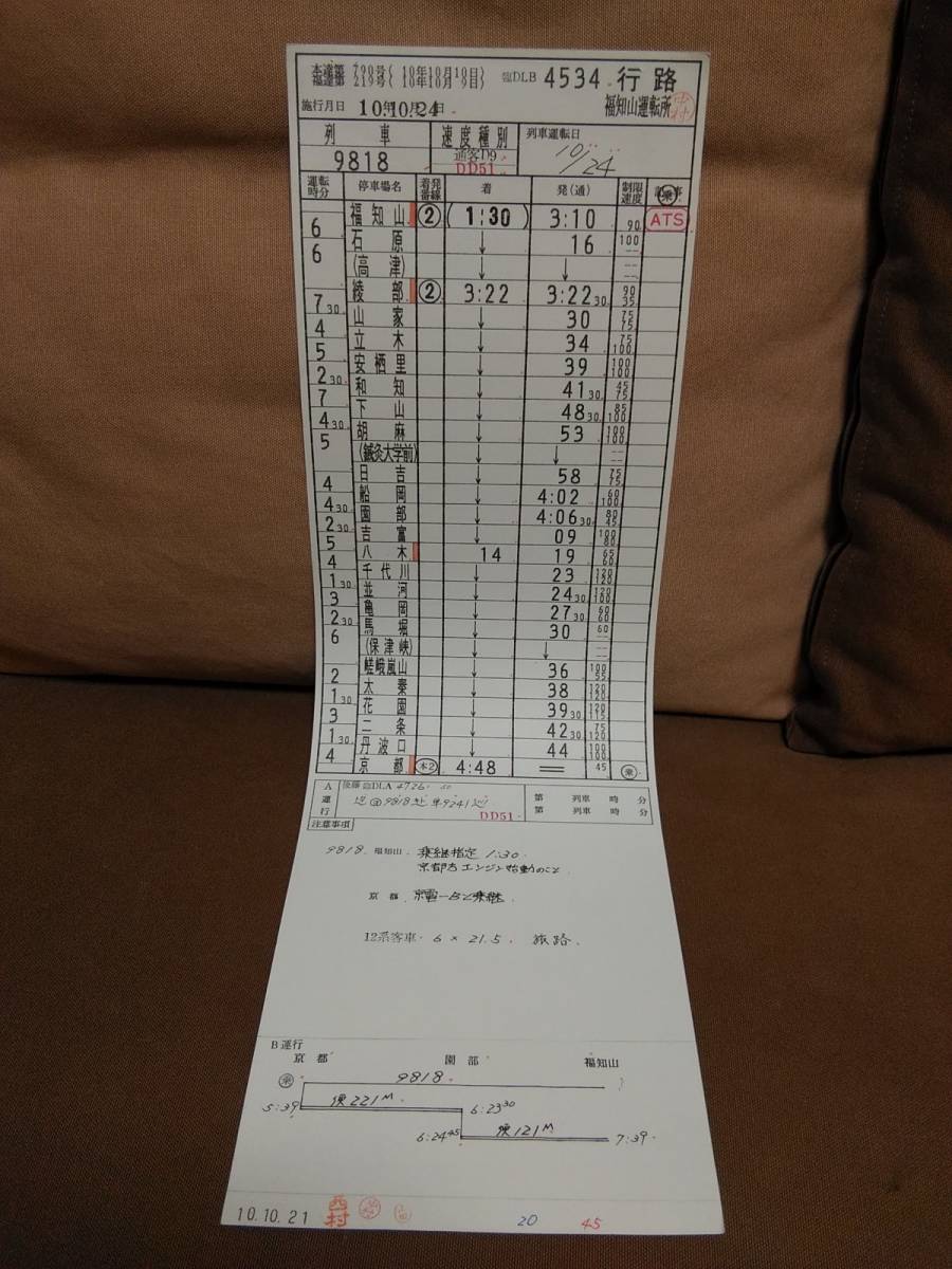 運転士時刻表 スタフ 福知山運転所 臨4534行路 平成10年10月24日施行