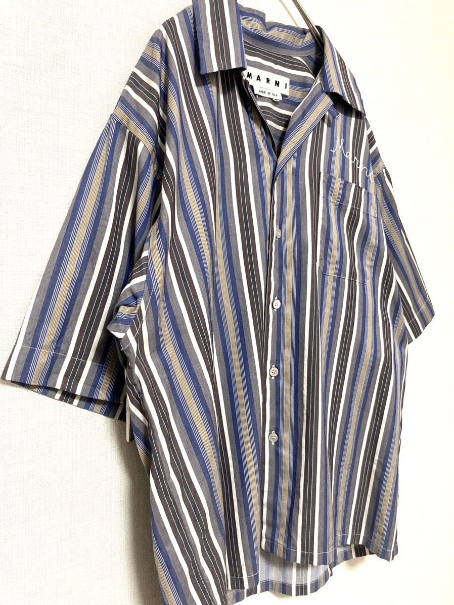 マルニ　marni ストライプ　ロゴ刺繍　オープンカラーシャツ　開襟　メンズ　コットン　44 マルチ　半袖　ハーススリーブ　ワイド