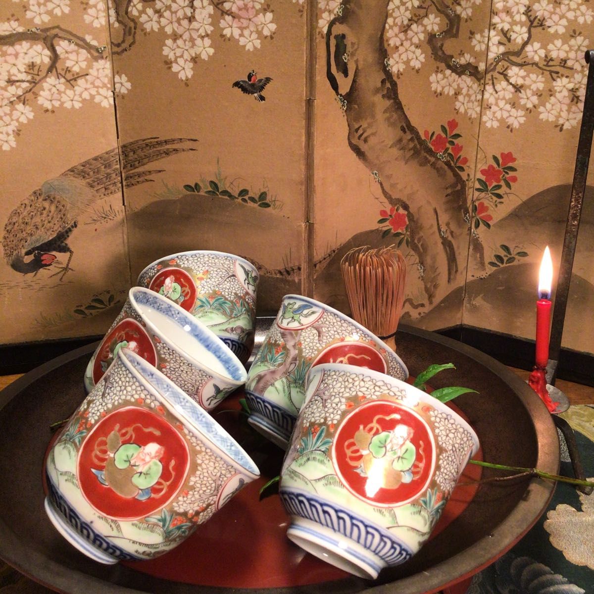 A687 古伊万里 金蘭手 桜に仙人 翼馬伝紋様 大猪口(向付)5客 A687 古伊万里 金蘭手 桜に仙人 翼馬伝紋様 大猪口(向付)5客