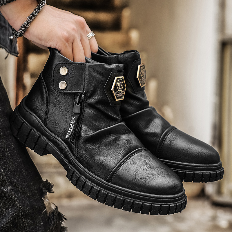  men's Work boots leather shoes bike wear outdoor original leather . slide cow leather casual spring summer autumn Rider's Oniikei style black 27.5cm