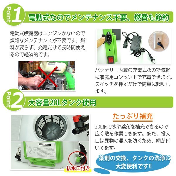 Myprecious正規品■バッテリー充電式 電動噴霧器 20L 背負式 タンク容量 20リットル 5種の噴射口 ノズル付 ★家庭電源OK！_画像2