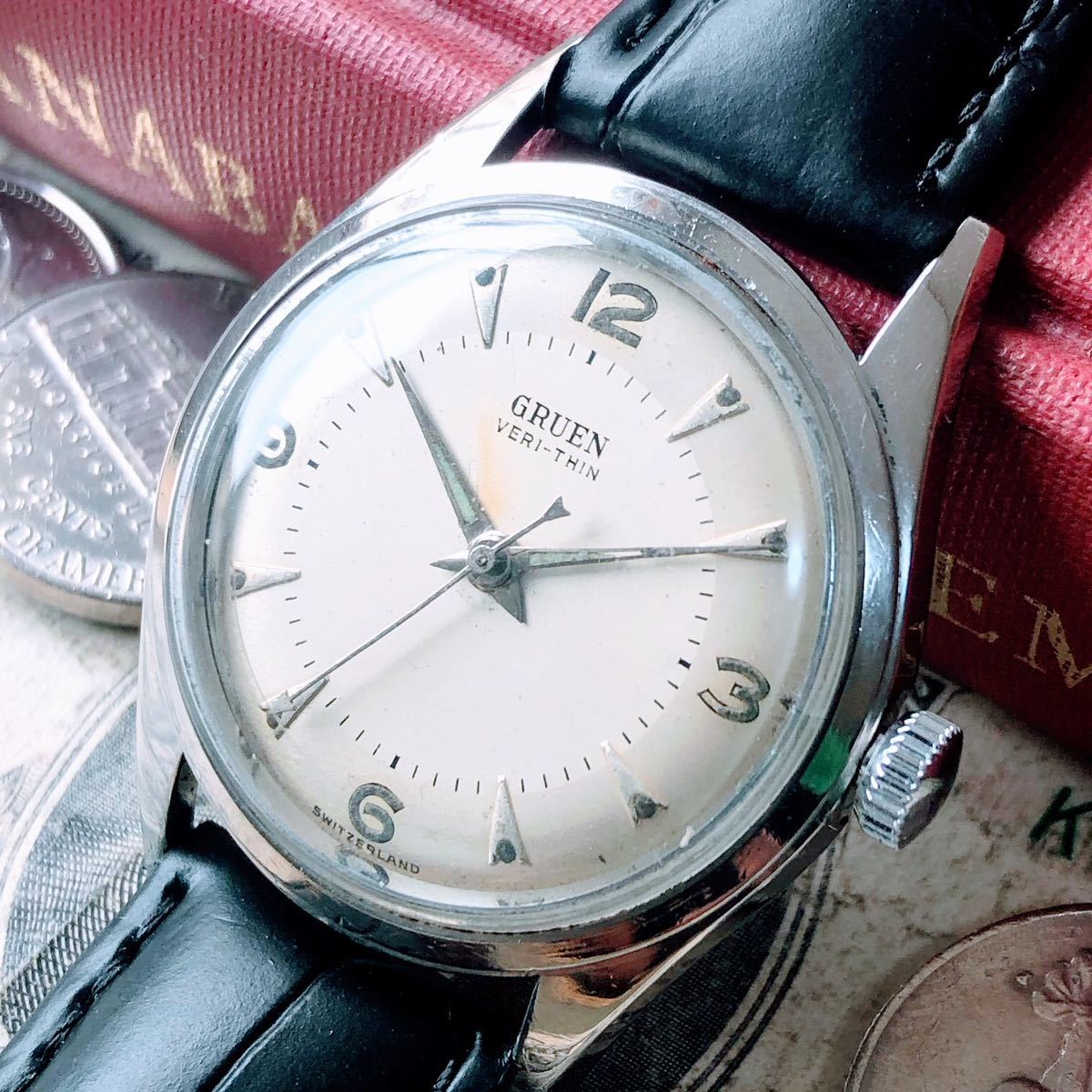 #2605【渋くてお洒落】メンズ 腕時計 グリュエン 動作品 17石 アンティーク ヴィンテージ 1950年代 手巻き 機械式 GRUEN 銀色 シルバー色