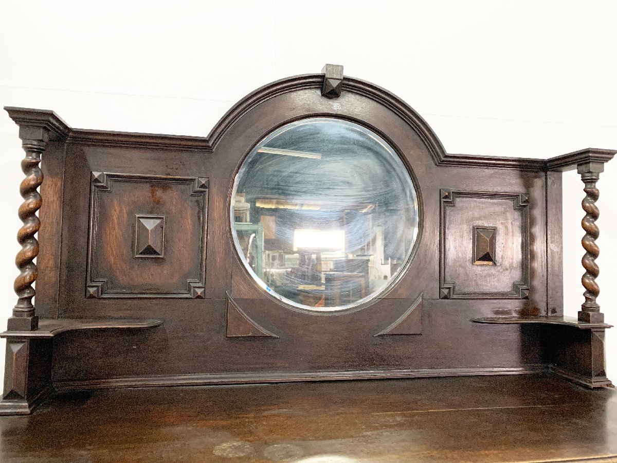ジャコビアン様式英国アンティーク家具 サイドボード リビングサイドボード 収納家具 イギリス ミラーバック 鏡 (貝015)_画像3
