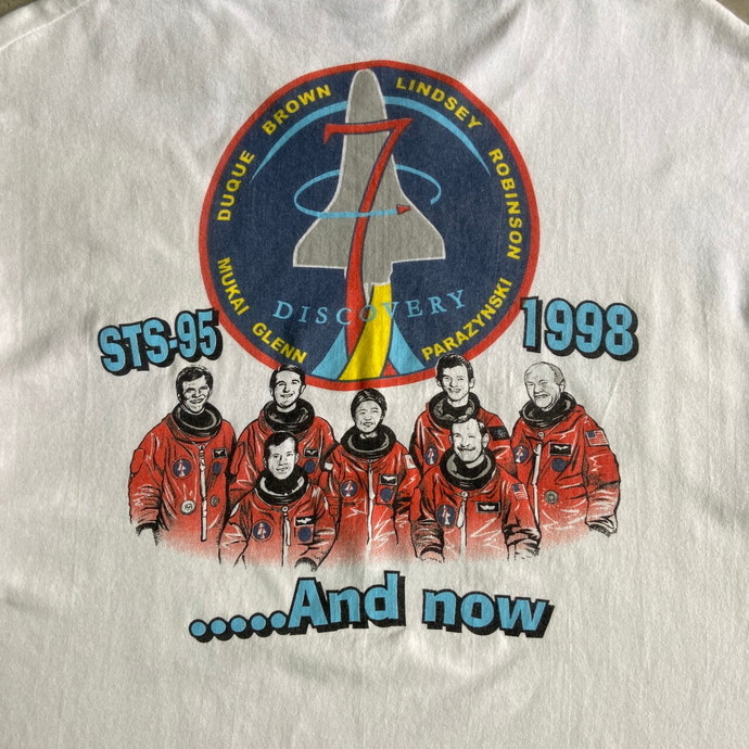 90年代 STS-95 FRIENDSHIP7 JOHN GLENN スペースシャトル 宇宙飛行士 アート 両面プリントTシャツ メンズL_画像1
