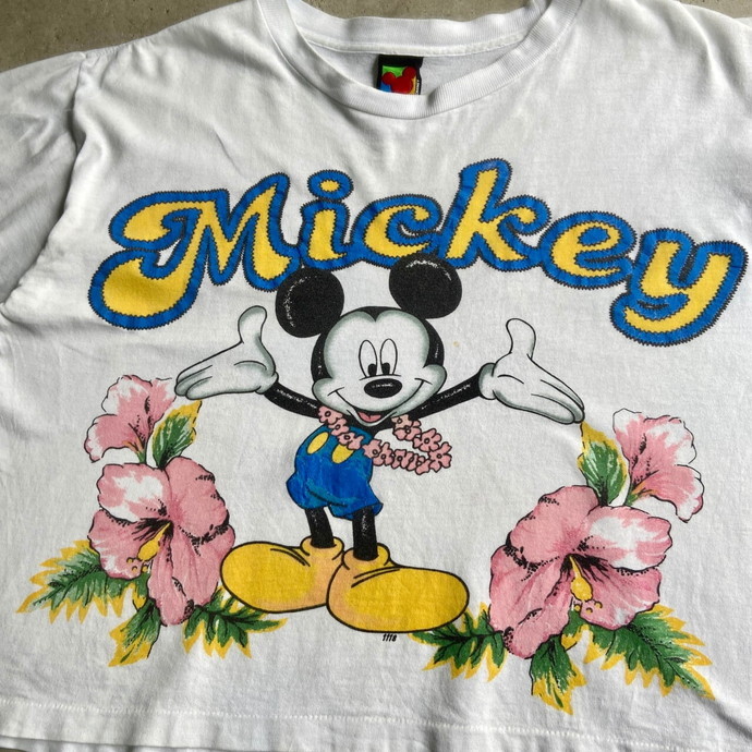 90年代 Disney ディズニー ミッキーマウス ショート丈 キャラクタープリントTシャツ メンズ レディースXL相当 レディース_画像1