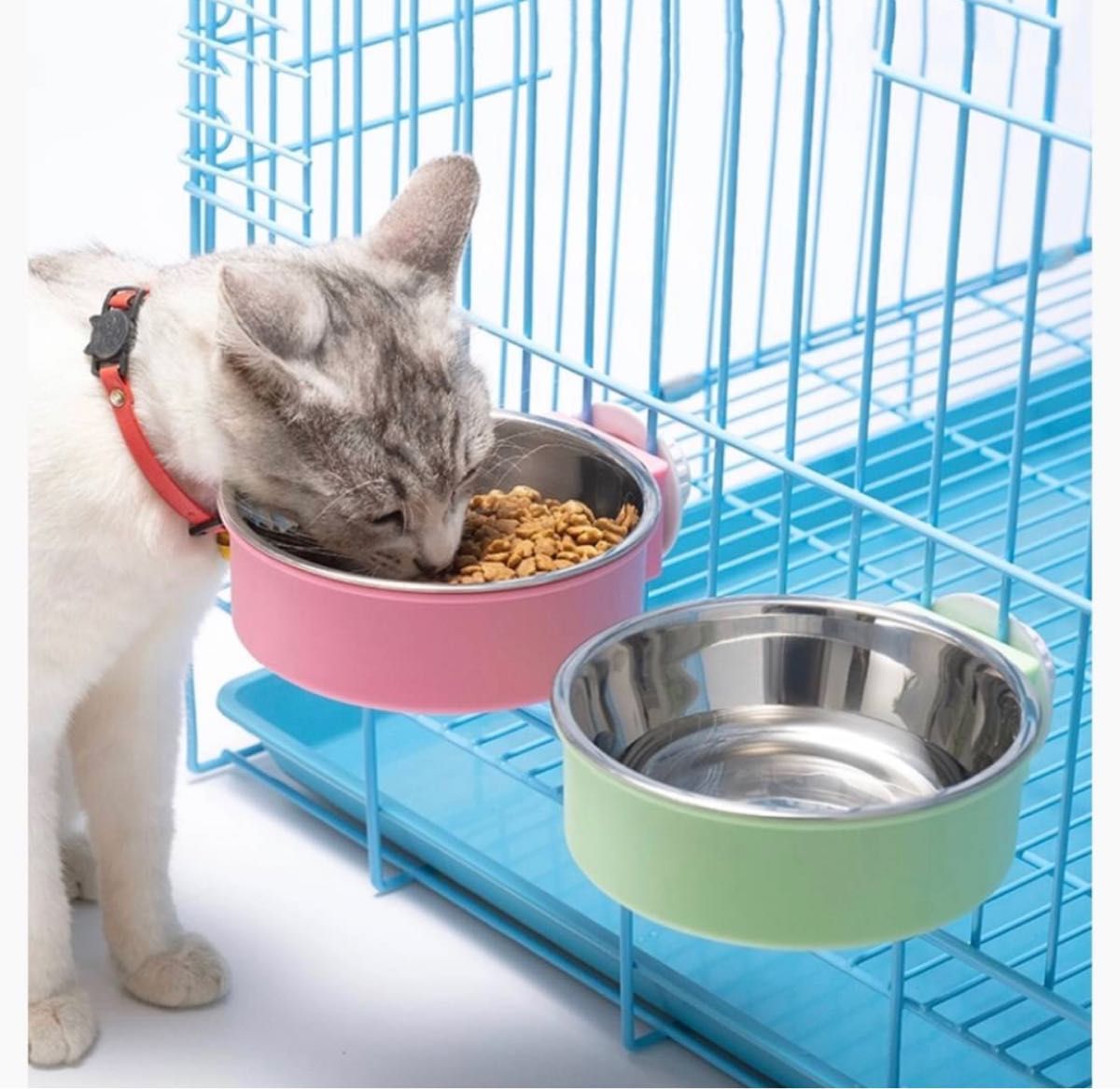 猫 餌入れ　皿 犬 フードボール 食器 ゲージウォーター 固定式 グリーン