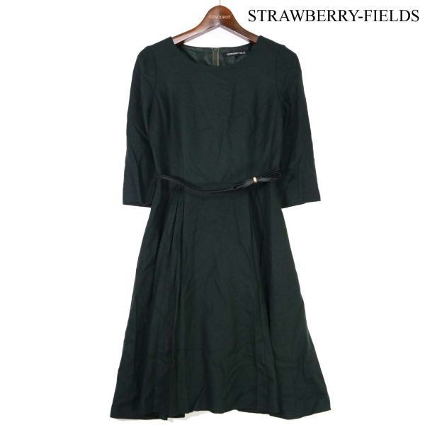 STRAWBERRY-FIELDS ストロベリーフィールズ ベルト付き♪ プリーツ入り ウール ジョーゼット ワンピース Sz.F　レディース　D2T01938_9#E_画像1