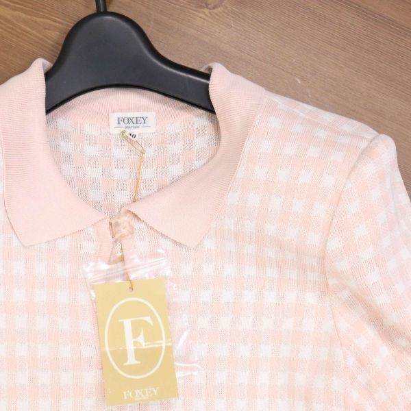 FOXEY フォクシー 春夏 チェック柄♪ 衿付き 半袖 ロング ニット ワンピース Sz.40　レディース 日本製 定価7.8万★　D3T00605_4#D_画像2