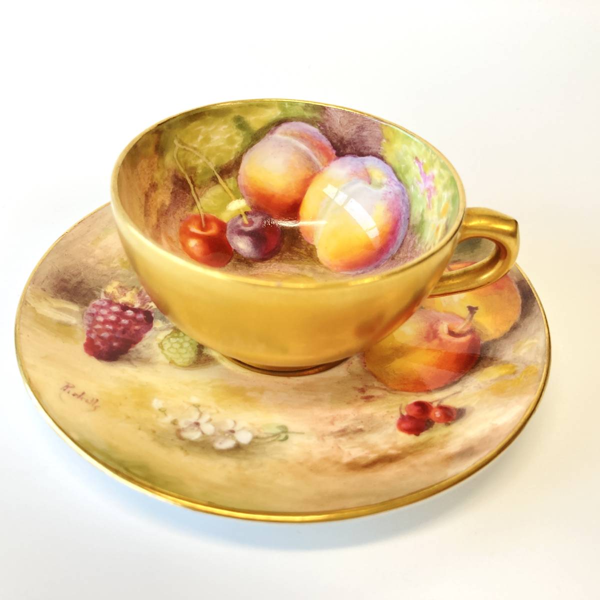 【最高級】ロイヤルウースター ROYAL WORCESTER ペインテッドフルーツ 金彩 デミタス カップ＆ソーサー 果物 英国 アンティーク 3_画像1