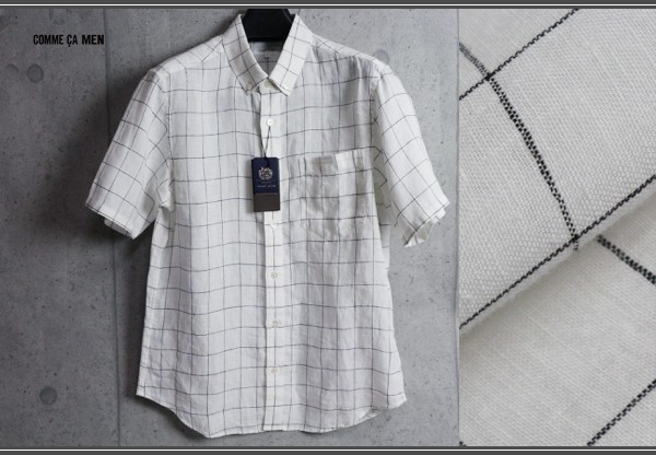  new goods Comme Ca men spring summer French linen original window pen check button down short sleeves shirt S white / regular price 1.2 ten thousand jpy /COMME CA MEN/ flax /BD