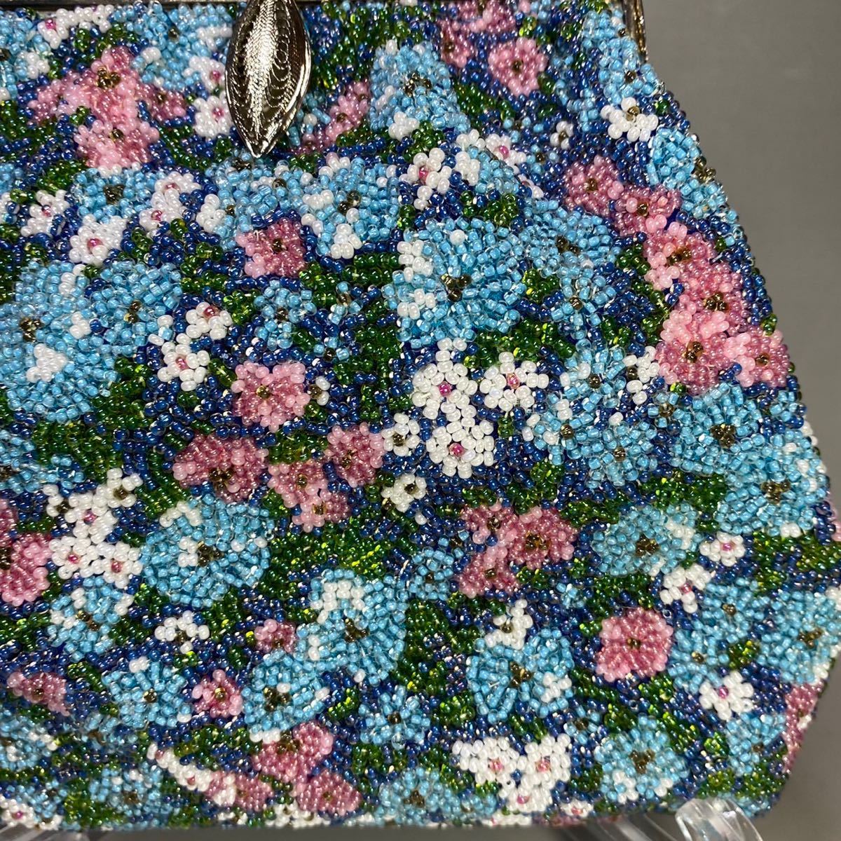 本物の 和装 がま口 ビーズバック ビーズバッグ 和装小物 花畑 青 花柄