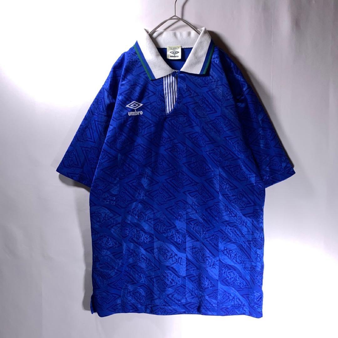 古着 UMBRO 襟付き ゲームシャツ ポロシャツ 青 ブラジル 刺繍ロゴ XL