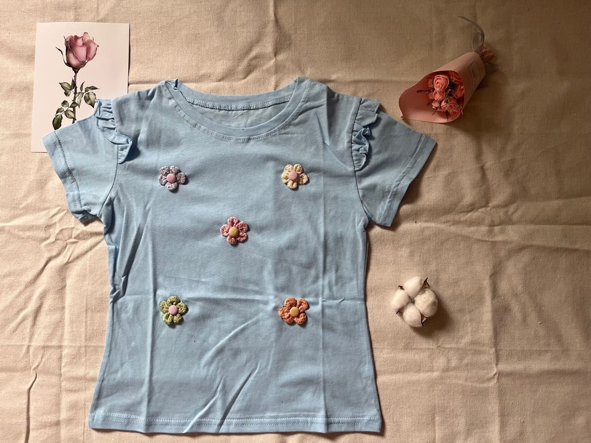 子供服 可愛い 刺繍 キッズ 半袖 Tシャツ 女の子 ベビー トップス綿100％ ブルー 100cm