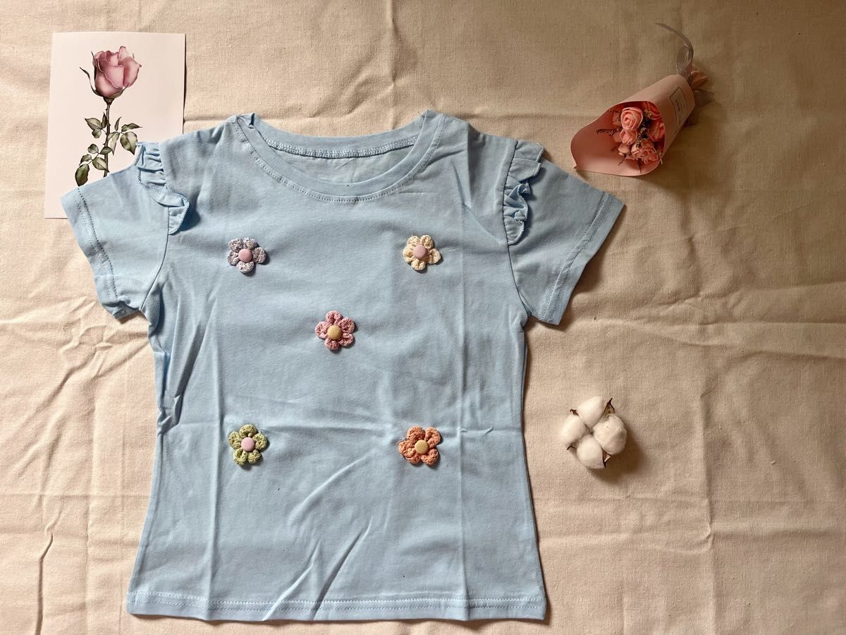 子供服 可愛い 刺繍 キッズ 半袖 Tシャツ 女の子 ベビー トップス綿100％ ブルー120cm