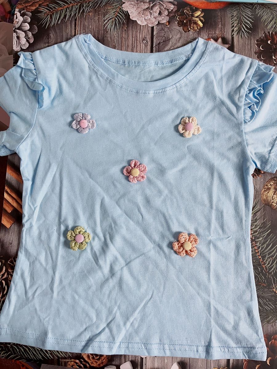 子供服 可愛い 刺繍 キッズ 半袖 Tシャツ 女の子 ベビー トップス綿100％ ブルー 100cm