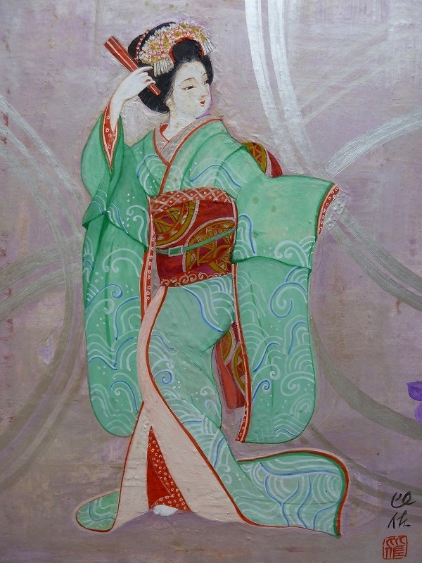 (*BM) Japanese picture / portrait painting (0617-②) Mai . Japan dancing .. equipped .. geisha natural mineral pigments .... . length 56× width 44. picture Japanese style Japan woman . Japanese clothes 