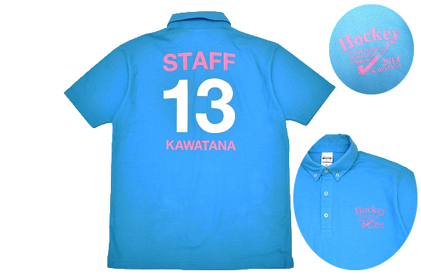 Y-5785★送料無料★美品★HOCKEY ホッケー 2014年 KAWATANA 川棚スタッフ★高校女子ホッケー部 水色 ボタンダウン 半袖 ポロシャツ M_画像1