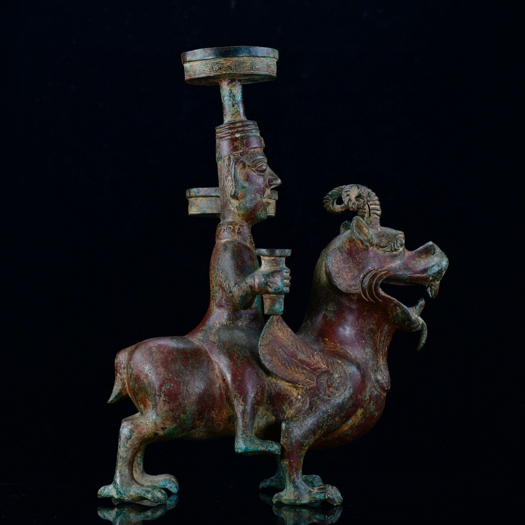 漢・青銅器彫・瑞獣人燈』極細工 置物 古賞物 中国古玩 中国古美術