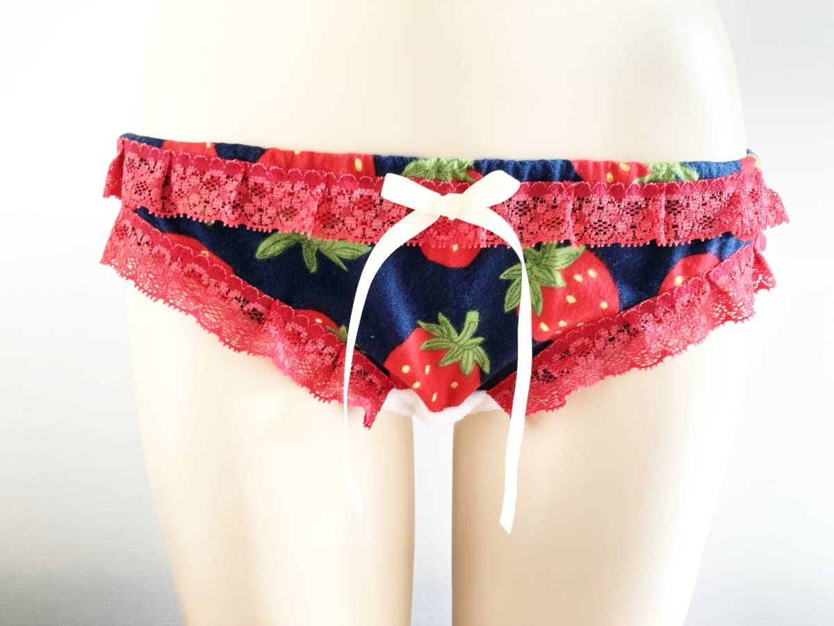 S☆苺柄 起毛 あったか ちびパン ミニサイズ レース りぼん